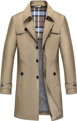 Volwassan Mens Long Trench Coat Fleece Lined Thicken Business Jacket  Notched Collar Casual Plus Size Overcoat Khaki - ShopStyle