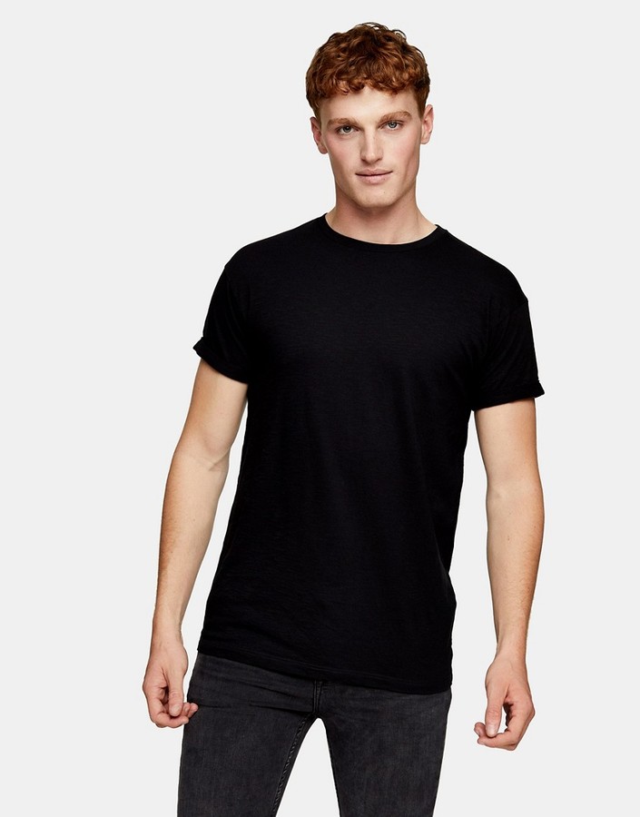 Topman slub roll sleeve t-shirt in black - ShopStyle