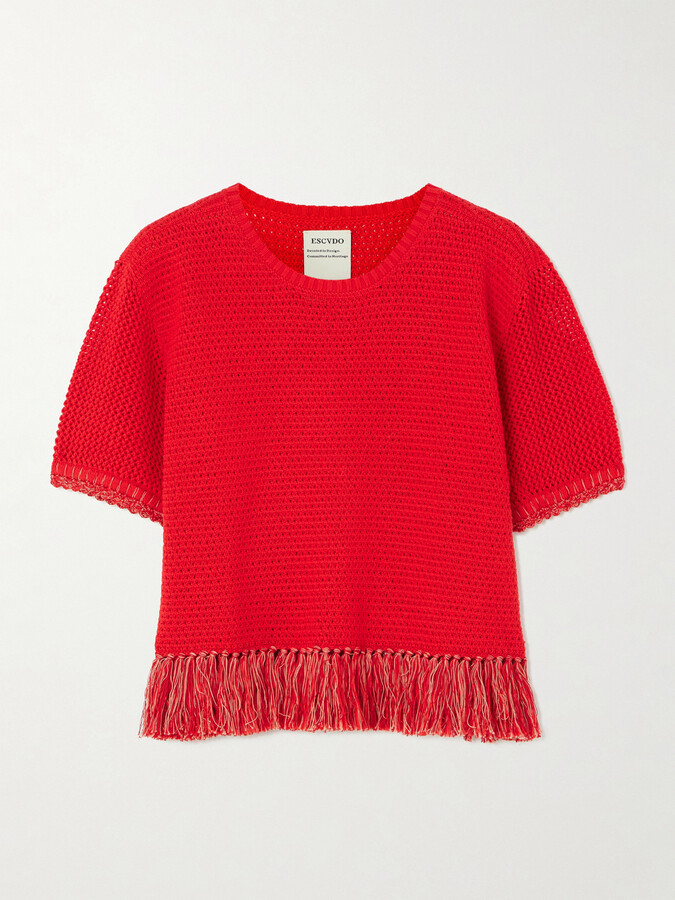 ESCVDO Amada Cropped Fringed Crocheted Cotton Top - Red