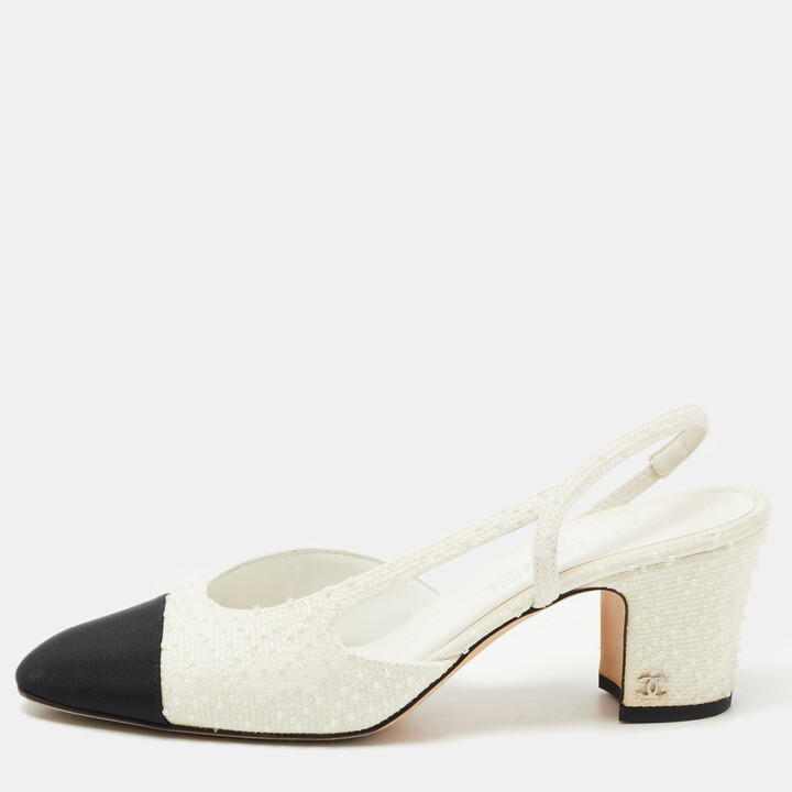Chanel White/Black Canvas and Tweed CC Slingback Block Heel Pumps