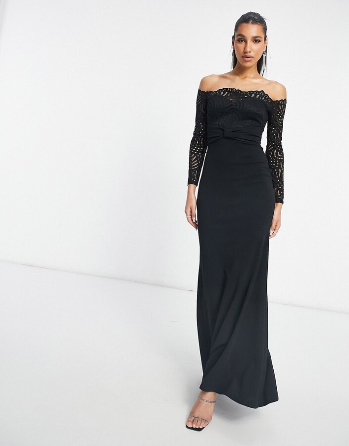 Goddiva lace bardot fishtail maxi dress in black - ShopStyle