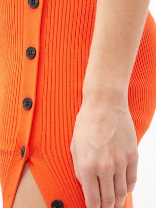 Self-Portrait V-neck Buttoned Side-slit Ribbed Midi Dress - Orange