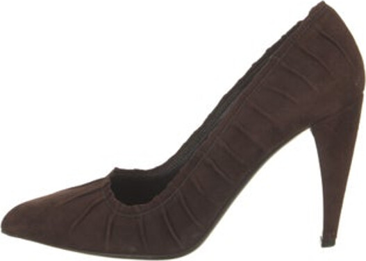 Prada Suede Pumps Brown Semi-Pointed Toes with Pleated Accents Designer