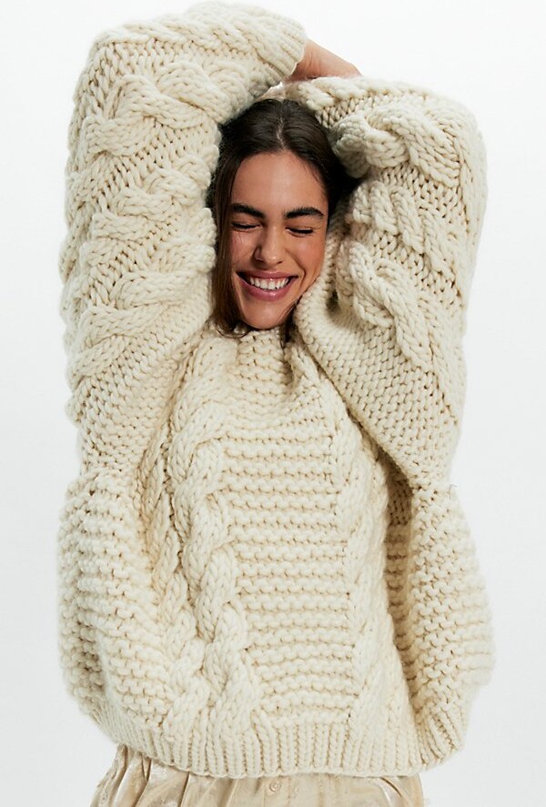 Mr. Mittens T Sleeve Cable Knit Wool Sweater