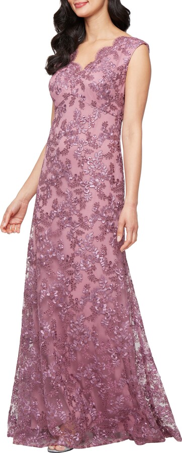 Alex Evenings Embroidered Scalloped Sleeveless Gown