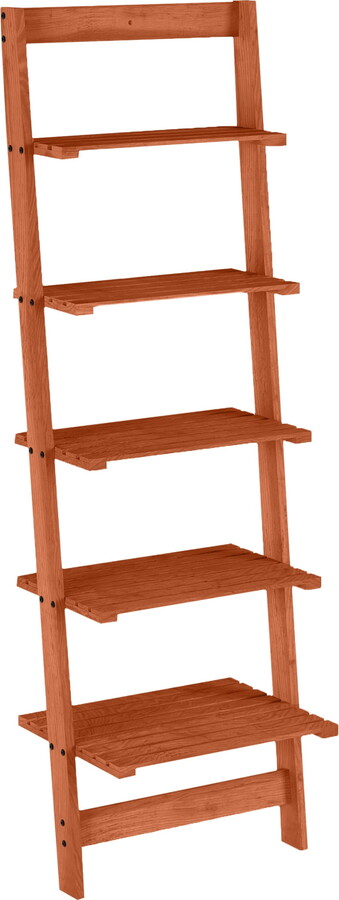 Lavish Home 5-Tier Slatted Wood Leaning Ladder Shelf for Narrow Storage, Wooden Bookcase for Living Room, Bathroom, Kitchen, Office or Bedroom, Cherry Finish