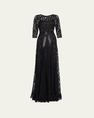 Rickie Freeman For Teri Jon 3/4-Sleeve Lace Overlay Gown