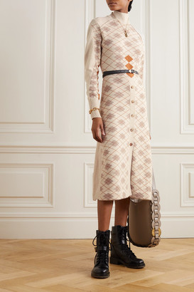 Chloé Paneled Argyle Wool And Cashmere-blend Midi Dress - Cream