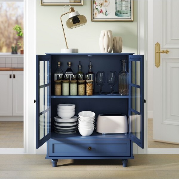 LOVSONSimplevintagebluebuffetwithmoderndoubleglassdoorsanddrawersforlivingroomdiningroomandcorridorentrancesBlue