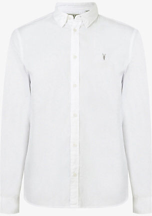 AllSaints Mens White Hawthorne Logo-Embroidered Slim-Fit Stretch Cotton Shirt Xxl