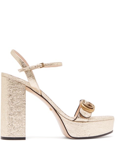 Gucci Gg Marmont Leather Platform Sandals - Womens - Gold