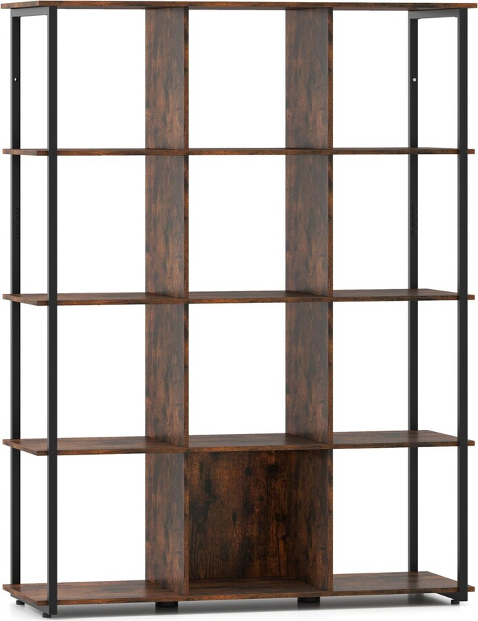 Slickblue 12-Cube Bookcase with 2 Anti-tipping Kits for Living Room - Rustic Brown Black