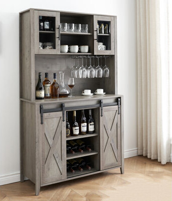 Gracie Oaks 69.6'' Tall Farmhouse Coffee Bar Cabinet, 6 Bottle Wine Rack And 12 Stemware Slots