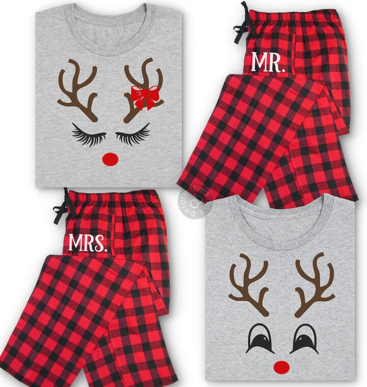 Reindeer Pajamas, Matching Couple Christmas Pjs Set Custom
