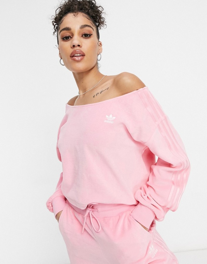 adidas 'Relaxed Risqué' velour off the shoulder sweatshirt in vibrant pink  - ShopStyle