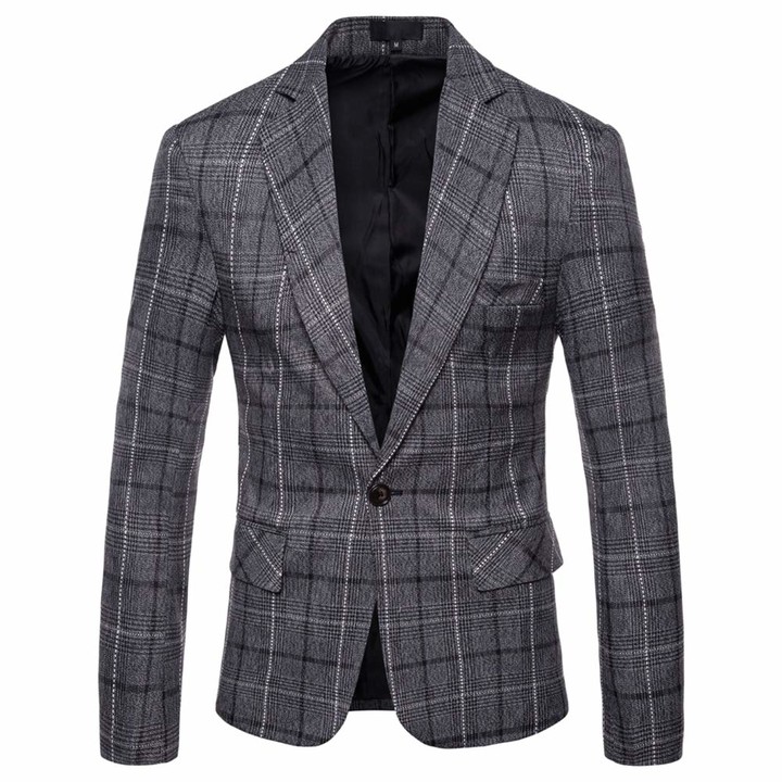 Mens Casual Tweed Check Blazer Slim Fit Suit Jacket Business Plaid Blazer Jacket Checked Dinner Suits Coats