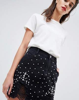 boohoo Pearl Embellished Denim Mini Skirt