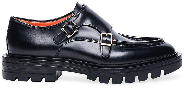 Santoni Feint Leather Lug-Sole Monk Strap Loafers - ShopStyle