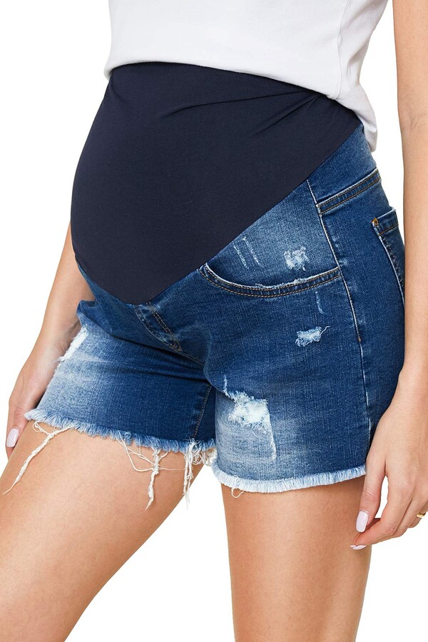 HOCAIES Women's Maternity Fit Belly Denim Jean Shorts Pregnancy Summer Blue Short Pants 