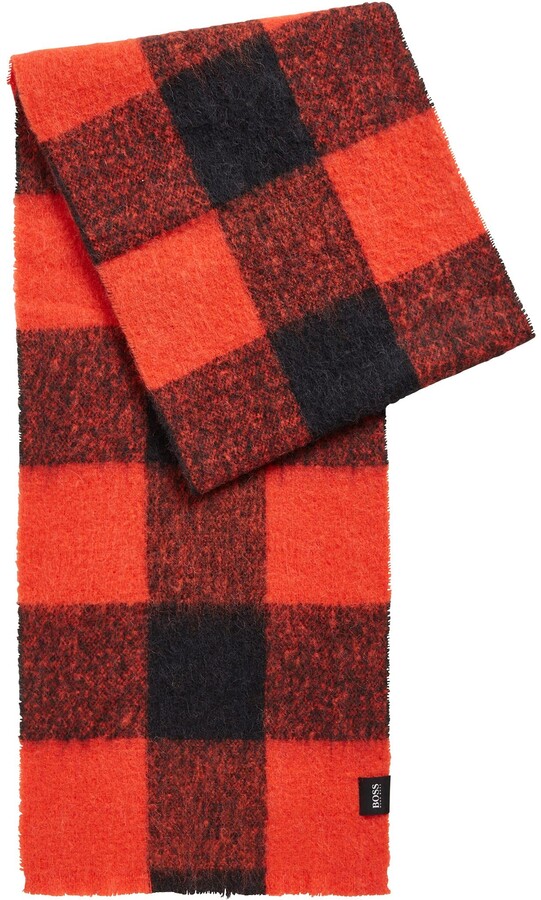 HUGO BOSS Mens NALUMBERJACK Logoflag scarf with bouclé patterned check
