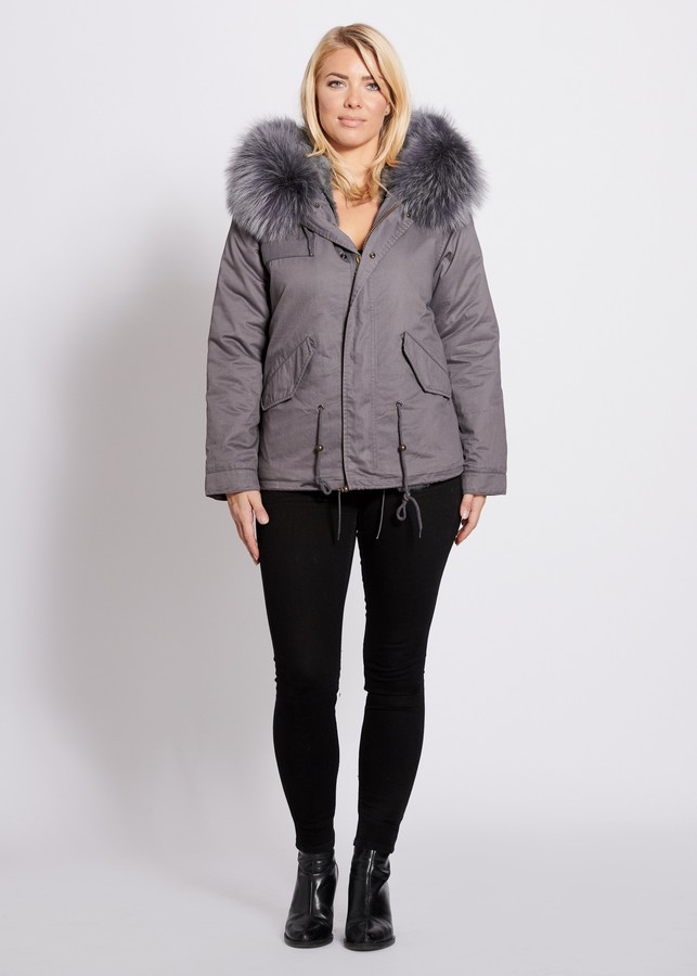 Popski London Grey Parka Jacket With Matching Raccoon Fur Collar ...