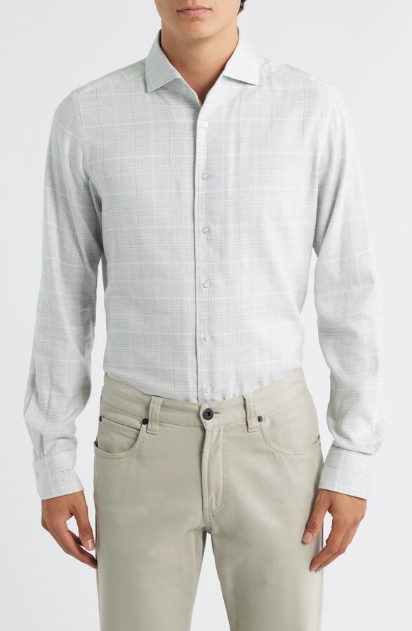 Emanuel Berg Modern Fit Glen Check Brushed Cotton & Lyocell Dress Shirt