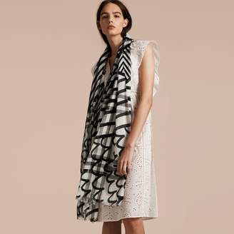 Burberry Check Wool Silk Scarf with Trompe L'oeil Print