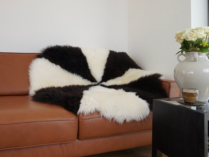 Giant Sheepskin Round White & Brown Throw Genuine Leather Sheep Skin 51" Decorative Amazing Natural Sheepskin Rug - Thick Creamy