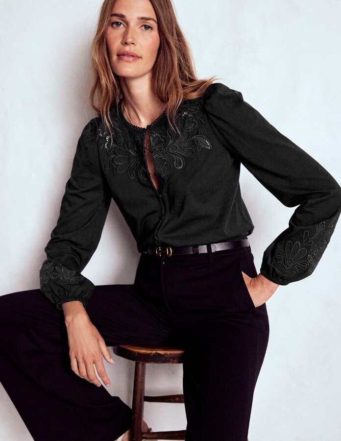 Boden Cutwork Detail Jersey Top Black