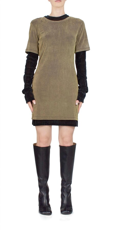 Velvet Mesh Layered T-Shirt Dress In Olive Oil