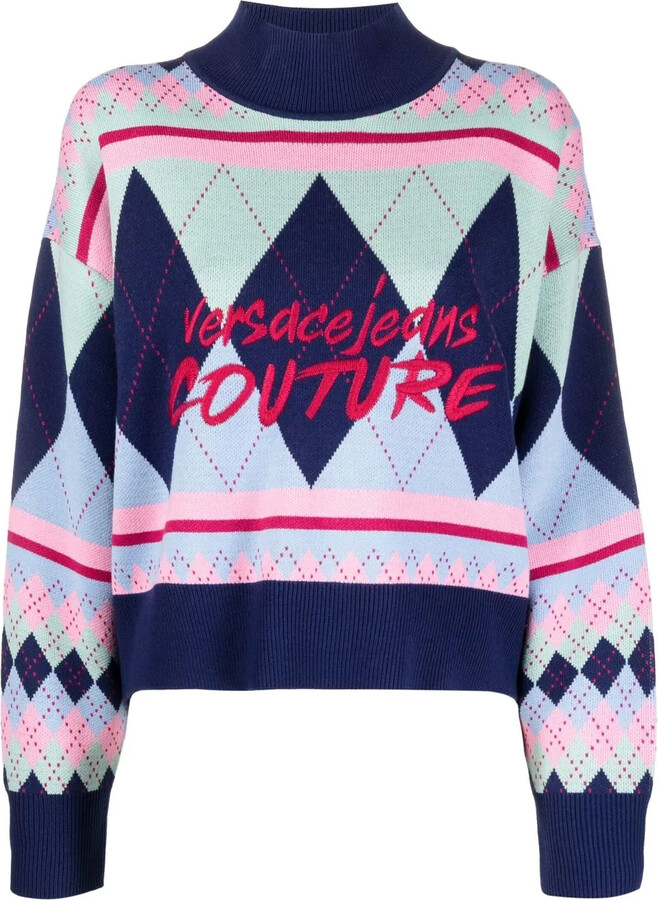 Versace Jeans Couture Argyle-Knit Logo-Embroidered Jumper