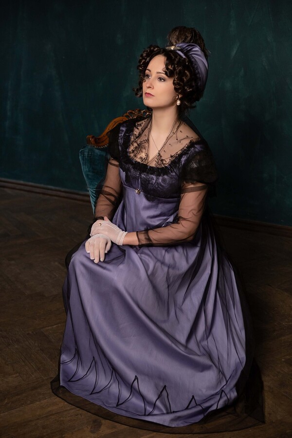 Late Regency Violet & Black Dress, Purple Mourning Gown