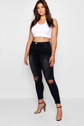 boohoo Plus Washed Black Ripped Jegging