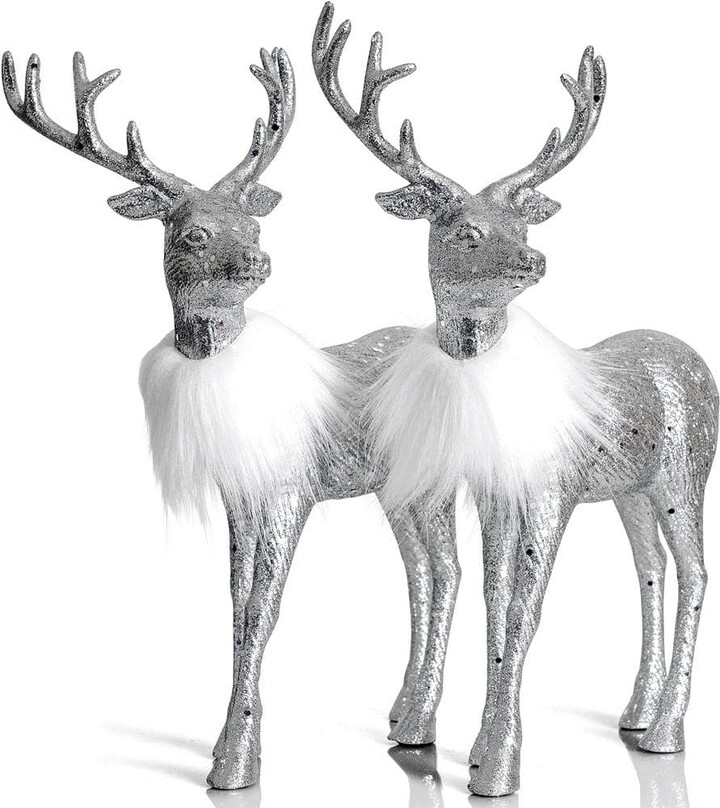 ORNATIVITY 12 in. Silver Glitter Christmas Reindeer - Holiday Deer Figurine Statues Dinner Table Decor Centerpiece (Set of 2)
