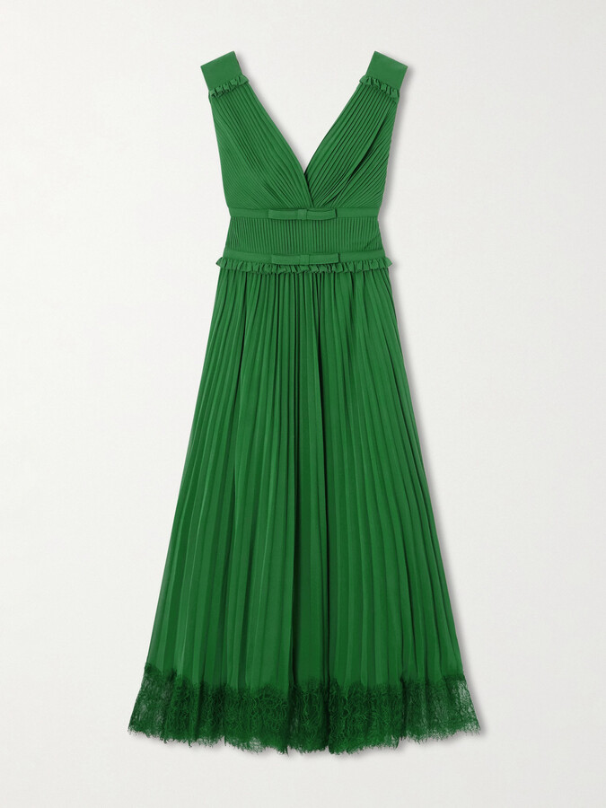 Self-Portrait Lace-trimmed Pleated Chiffon Midi Dress - Green