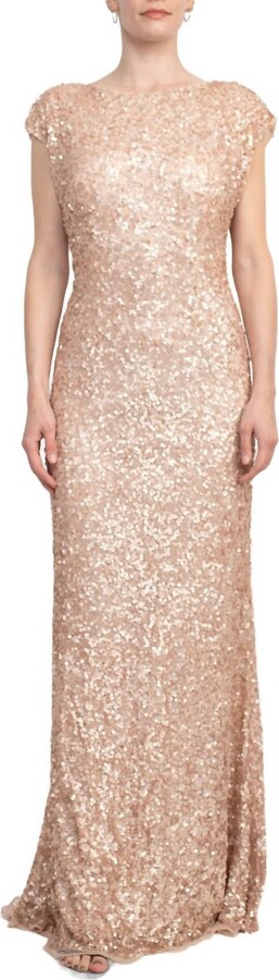 Primavera Boat Neck Cap Sleeve Cowl Back Sheath Sequined Dress In Rose Gold