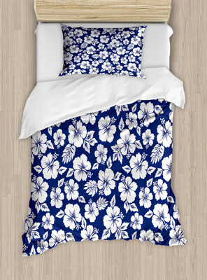 Ambesonne Hawaii Duvet Cover Set, Flowering Hibiscuses, Twin, Navy Blue White