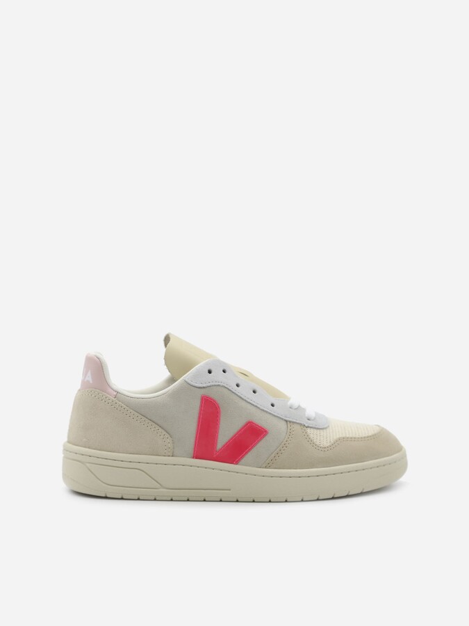beige sneakers met roze v-detail v-10 suede multico vx032188