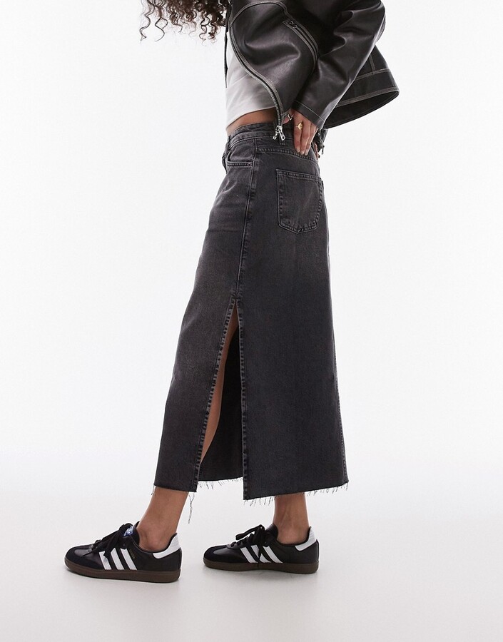 Topshop denim midi skirt with side split in washed black - ShopStyle