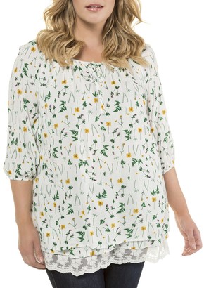 Ulla Popken Floral Print Round Neck Blouse with 3/4 Length Sleeves