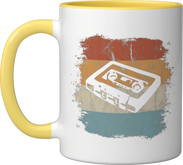 Cool Old School 80s 90s Music Tees Retro Old School Cassette Silhouette Vintage Mix Tape Ceramic Mug, Yellow/White