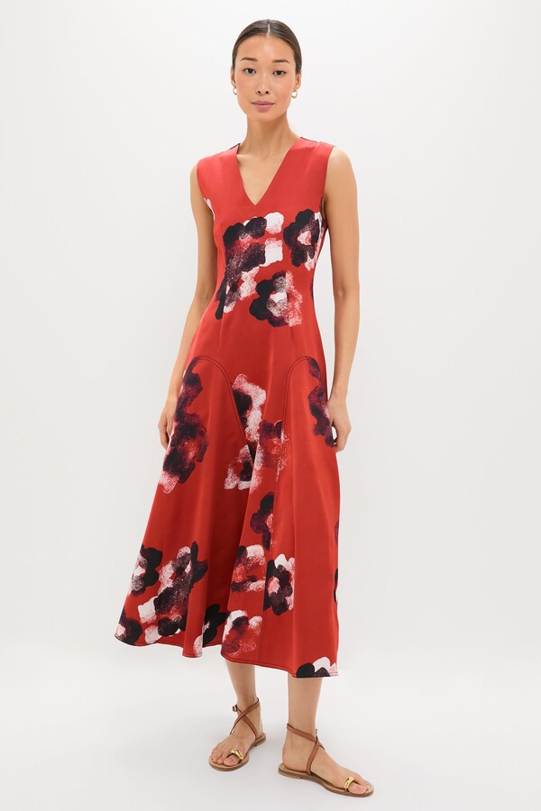LOVEBIRDS Crimson Red Water Floral Cosmic Midi Dress