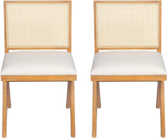 Highland Dunes Upholstered Cane Back Dining Chair with Solid Wood Frame Natural Beige Set of 2