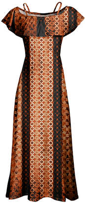 Lily Women's Maxi Dresses RST - Rust & Black Geometric Ruffle Off-Shoulder Maxi Dress - Women & Plus