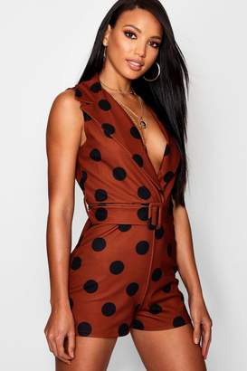 boohoo Polka Dot Belted Collared Playsuit