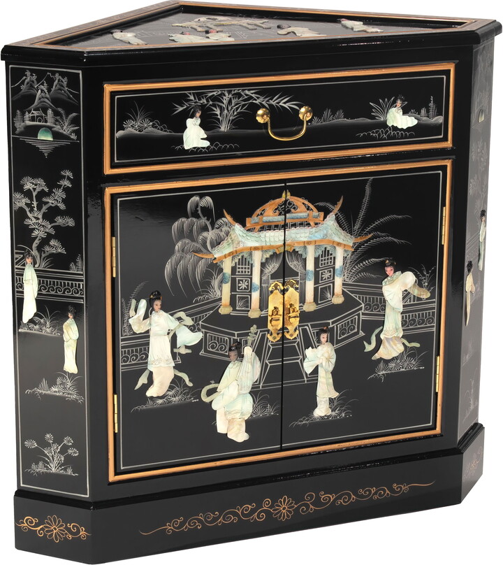Red Lantern Oriental Furniture Black Lacquer Corner Cabinet - Royal Ladies