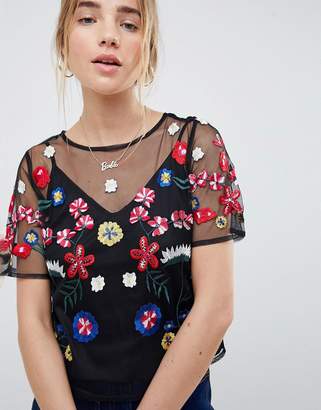 ASOS DESIGN Embroidered T-Shirt In Mesh With Cami