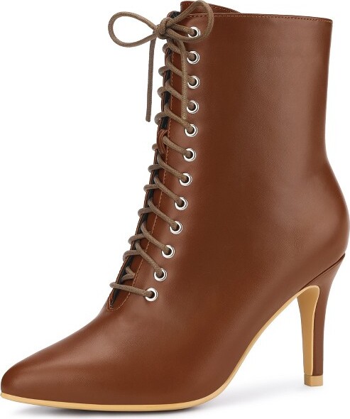 Allegra K AllegraKWomen'sLaceUpPointedToeStilettoHeelsAnkleBooties9Brown