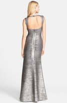 Thumbnail for your product : Herve Leger Sleeveless V-Neck Flared Foiled Bandage Gown