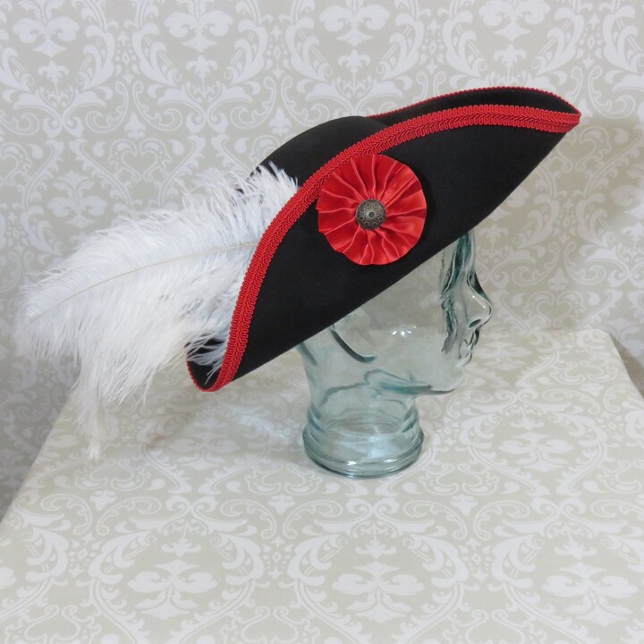 Etsy Black Pirate Hat - Classic Tricorn With Red Trim & Optional White Feathers And/Or Or Gold Cockade- 100% Wool